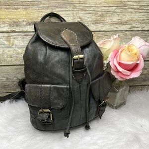 Vntg Artisan Gray Genuine Leather Drawstring Small Backpack